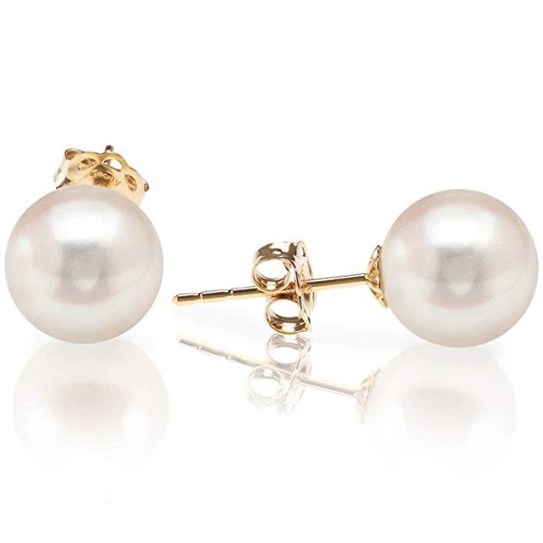 14K Gold AAA+ Handpicked Round Freshwater Cultured White Pearl Earrings for Women