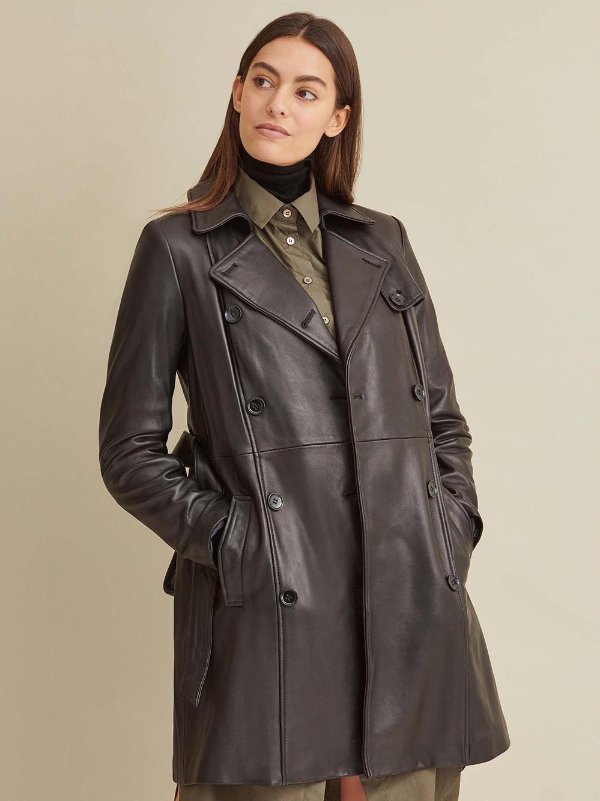 Double-Breasted Belted Leather Trench Coat