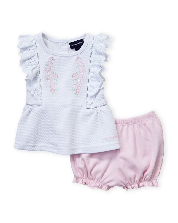 (Newborn Girls) Two-Piece Floral Embroidered Tunic & Shorts Set