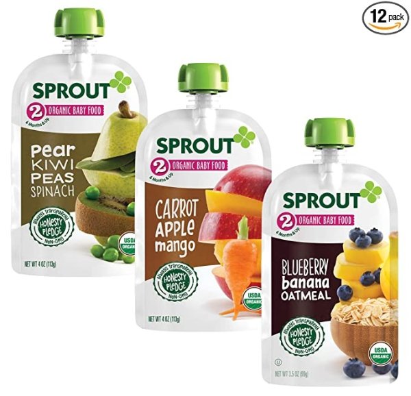 Organic Baby Food Pouches Stage 2Organic Baby Food Variety Pack (Pack of 12), Carrot Apple Mango, Blueberry Banana Oatmeal, Pear Kiwi Peas Spinach