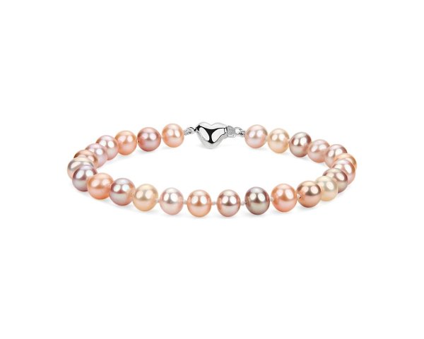 Multicolored Freshwater Cultured Pearl Bracelet with Sterling Silver Heart Clasp (6-7mm)