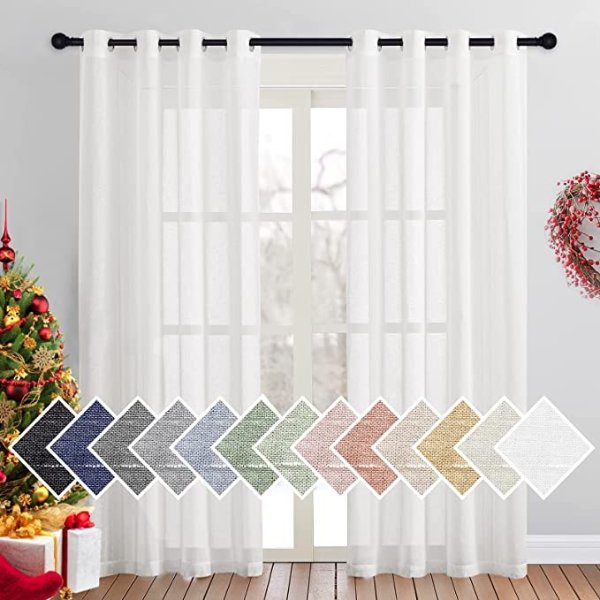 Sheer White Window Curtains Linen Textured 84 inch Length