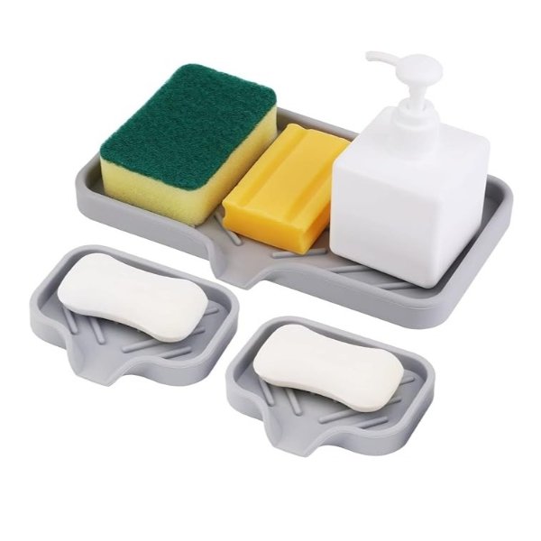Soap Tray for Kitchen Sink, Sponge Holder Set, Soap Dish for Kitchen Bathroom, Sink Organizer for Soap Bottles, Self Draining, 3PCS Gray