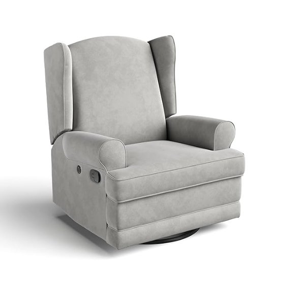 Serenity Upholstered Swivel Glider with USB Charging Port (Steel) – Fully Upholstered Wingback Nursery Glider Recliner with Manual Recline Function, 2 USB Charging Ports, 360 Swivel Base