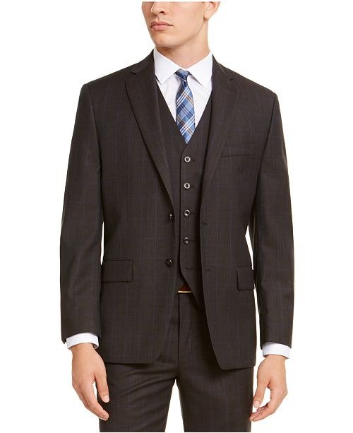 Men's Classic-Fit Airsoft Stretch Brown/Blue Birdseye Windowpane Suit Jacket