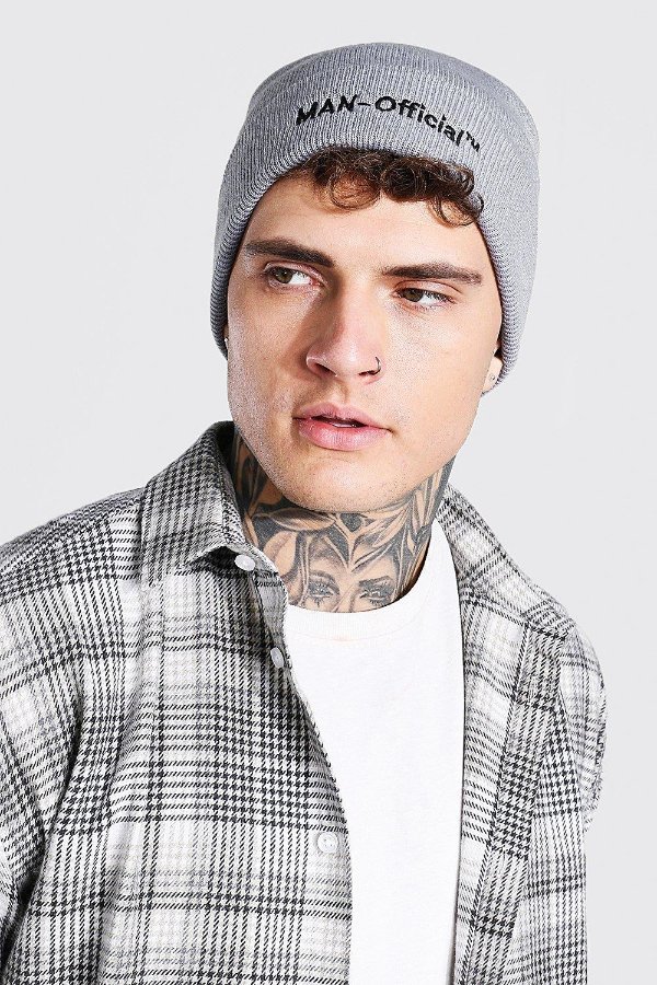 MAN Official Embroidered Rib Beanie | boohooMAN