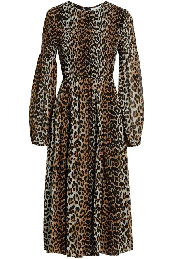 Shirred leopard-print crepe midi dress