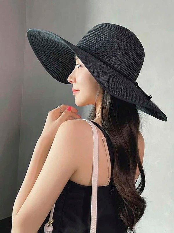 1pc Women Rope Detail Wide Brim Boho Straw Hat For Summer