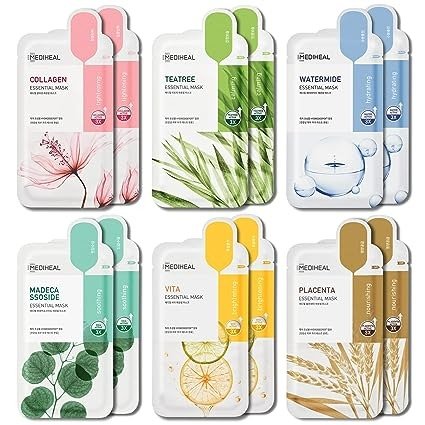 Sheet Mask New Essential HERO 12 pack (Collagen, Tea Tree, Placenta, Madecassoside, Vita, Watermide)| Korean Skincare Facial Sheet Mask Combo, Moisturizing, Soothing and for Blemishes