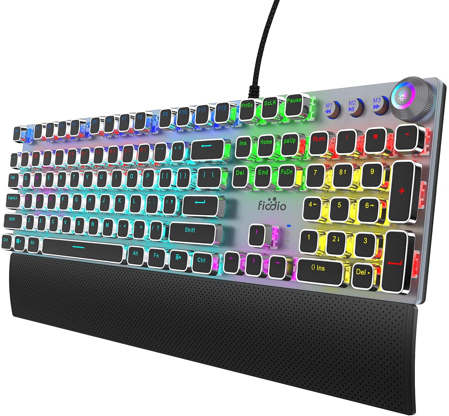 FIODIO 机械游戏键盘，LED 彩虹游戏背光，104 个防重影键，快速响应黑色开关，PC 和台式电脑的多媒体控制，带可拆卸手托