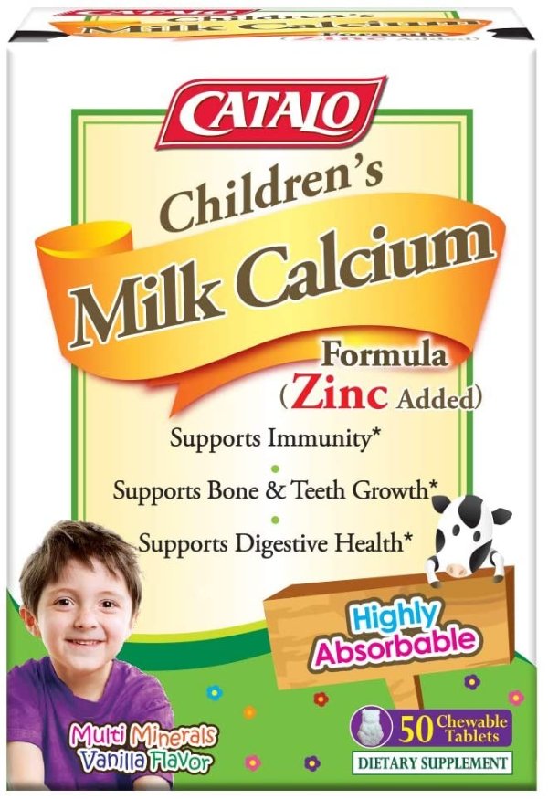 CATALO Children's Milk Calcium Formula (Zinc Added) - Promote Bone Growth and Teeth Development with Milk Calcium and Zinc, 50 Chewable Tablets