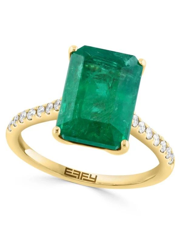 14K Yellow Gold, Emerald & Diamond Ring