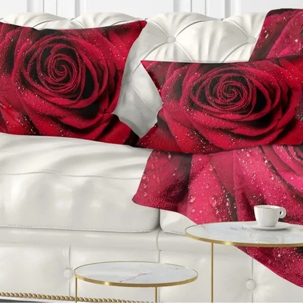 Designart 'Red Rose Petals with Rain Droplets' Floral Throw Pillow - Rectangle - 12 in. x 20 in. - Medium