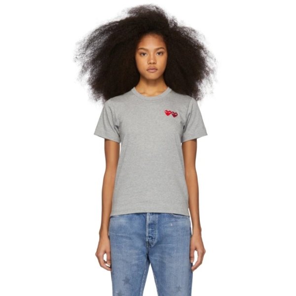 - Grey & Red Double Hearts T-Shirt