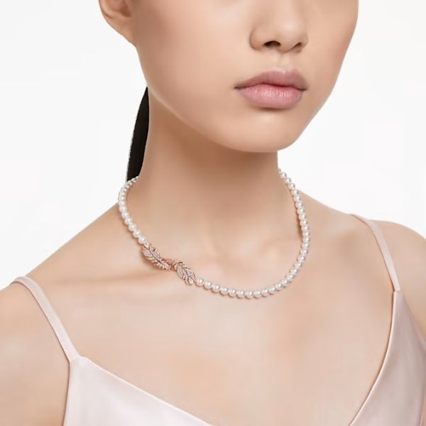 Nice necklace Magnetic closure, Feather, White, Rose gold-tone plated
