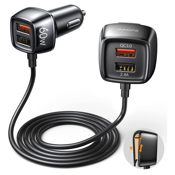 60W USB Car Charger - AINOPE [4 Multi USB Ports] [QC 36W] Fast Car Charger Adapter[5FT Cable] QC 3.0 Cigarette Lighter Adapter Back Seat Charging for iPhone Samsung iPad MacBook Fire Tablet and More