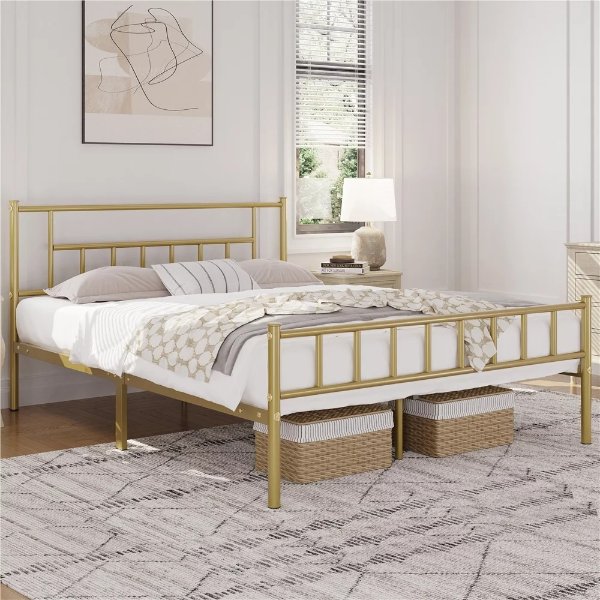 Basic Metal Bed Frame with Headboard and Footboard,Queen,Antique Gold