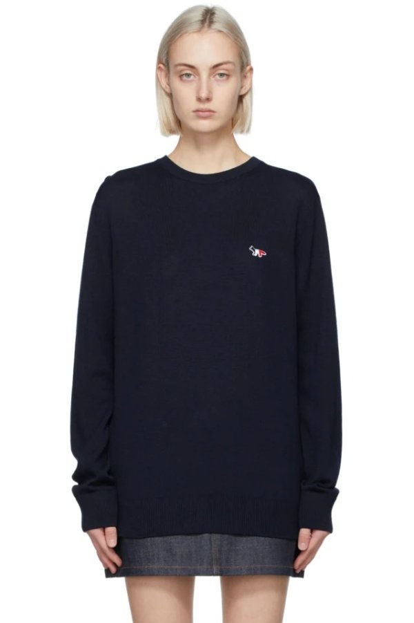 Navy Wool Tricolor Fox Patch Sweater