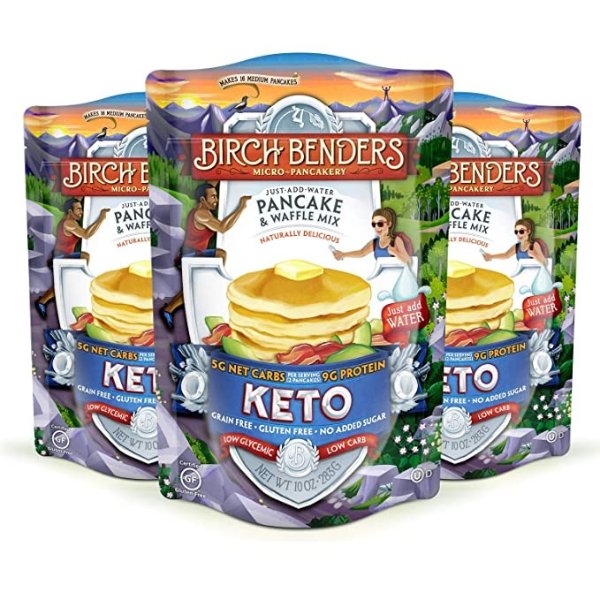 Keto Pancake & Waffle Mix by Birch Benders, Low-Carb, High Protein, Grain-free, Gluten-free, Low Glycemic, Keto-Friendly, Made with Almond, Coconut & Cassava Flour, Just Add Water, 3 Pack (10oz each)