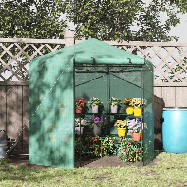 7.4' Portable Hexagonal Walk In Greenhouse 3-Tier Shelves Gardening Flower Plant