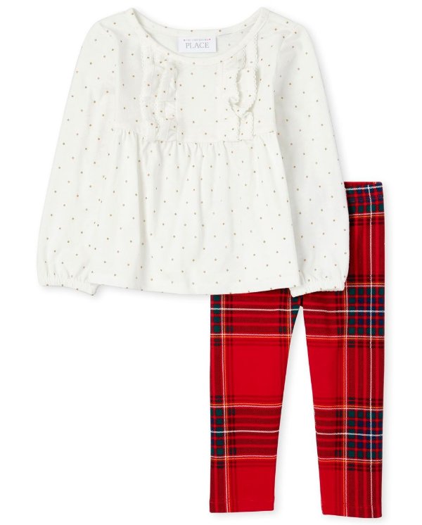 Toddler Girls Long Sleeve Ruffle Top And Plaid Knit Leggings Outfit Set