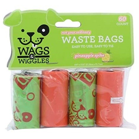 Wags & Wiggles Large Scented Dog Waste Bags | Pineapple Scented Dog Poop Bags | 4 Rolls of Doggie Bags, 60 Count