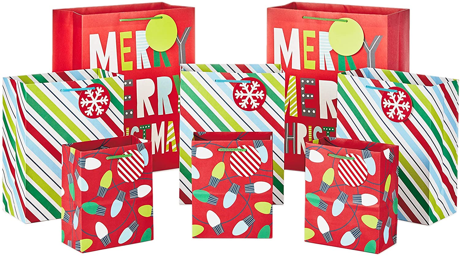 Hallmark圣诞礼品袋各种尺寸（8个袋：3个小6英寸，3个中号9英寸，2个大13英寸）红色，绿色，蓝色条纹，灯火，“圣诞快乐！”