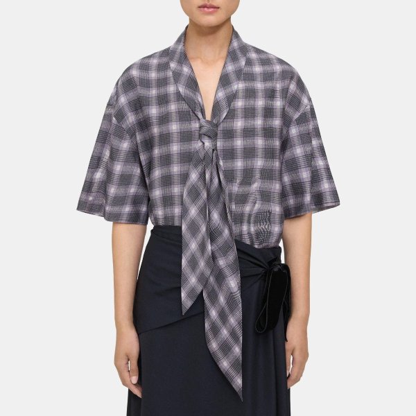 Wrinkle Check Tie-Neck Shirt