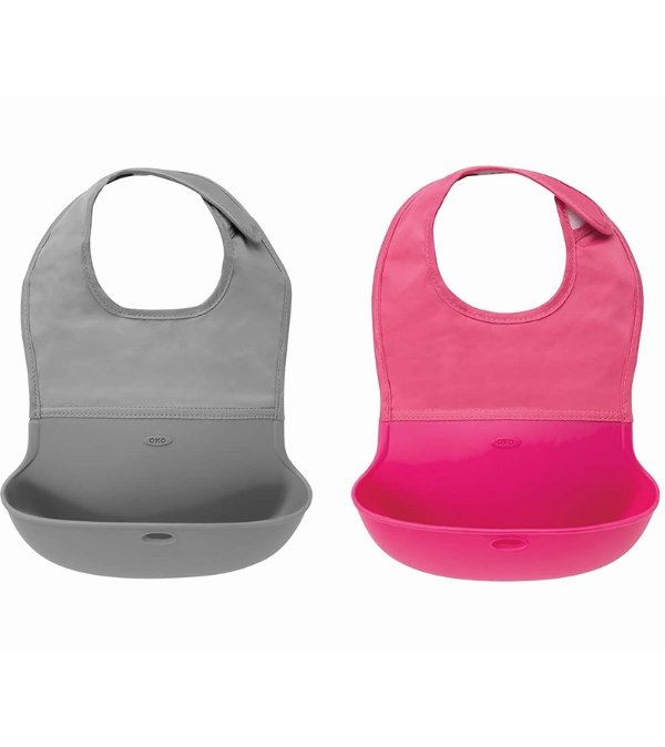 Roll Up Bib, 2-pack - Pink & Teal