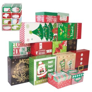 Party Funny 圣诞装饰礼品盒14个装 带盖和80片标签贴纸