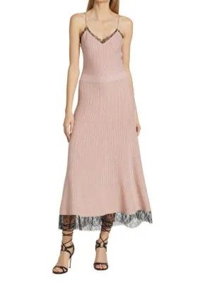 Rib Knit Lace Detail Midi Dress