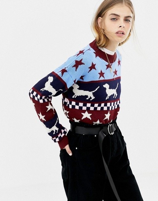 Daisy Street Holidays sweater with sausage dog and stars at asos.com