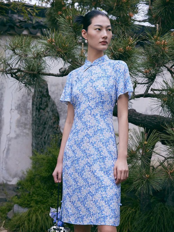 Blue Floral Cheongsam Mini Dress