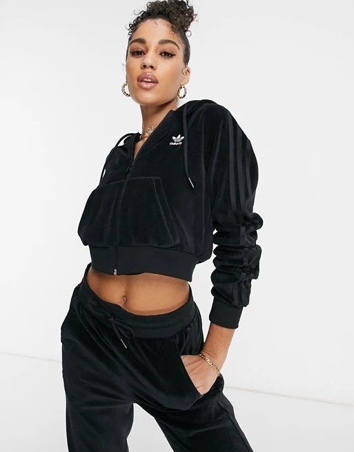 'Relaxed Risque' velour zip through hoodie in black 