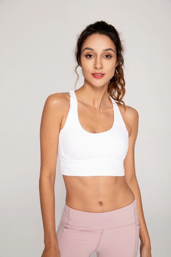 Supportive White Sports Bra with Criss Cross Back Strap Design