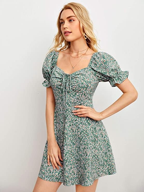 Women's Drawstring Ruched Front Puff Sleeve Floral A Line Mini Dress