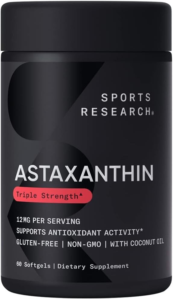Triple Strength Astaxanthin 12mg with Organic Coconut Oil - Antioxidant Supplement, Non-GMO Verified & Gluten Free - 60 Softgels