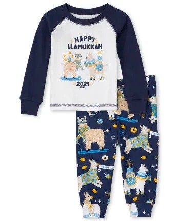 Unisex Baby And Toddler Hanukkah Long Sleeve 'Happy Llamukkah 2021' Snug Fit Cotton Pajamas | The Children's Place - THUNDER BLUE