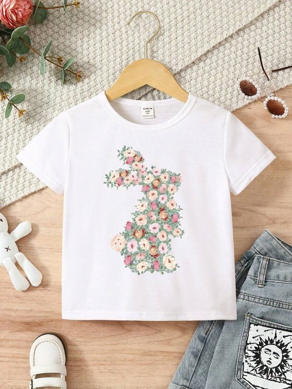 Young Girls' Easter Flower & Rabbit Printed Short Sleeve T-Shirt | SHEIN USA