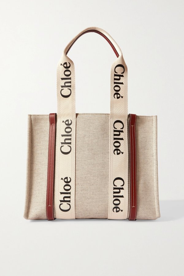 Woody medium leather-trimmed cotton-canvas tote