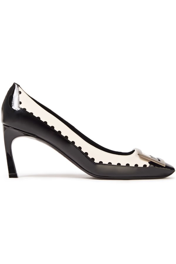 Buckle-embellished polka-dot smooth and patent-leather pumps