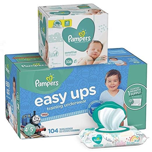  Easy Ups Training Underwear Pull On Disposable Diapers for Boys, Size 6 (4T-5T), 104 Count, ONE MONTH SUPPLY with Baby Wipes Sensitive 6X Pop-Top Packs, 336 Count