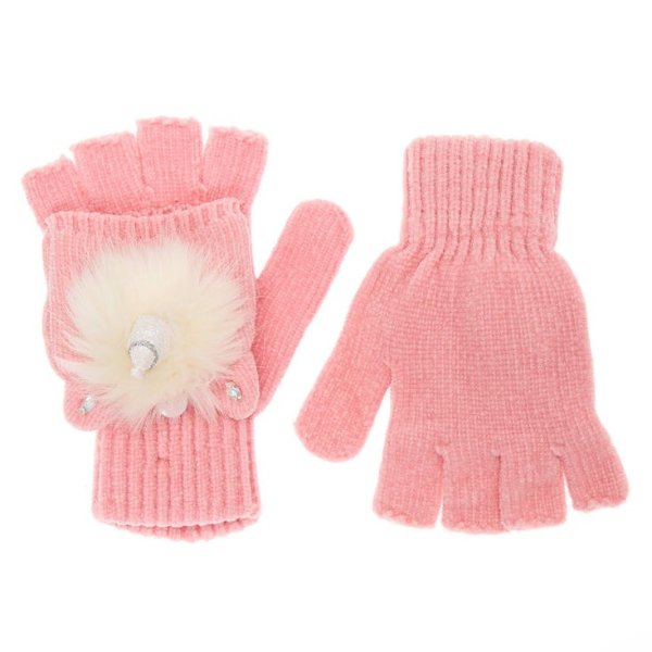 Glitter Unicorn Fingerless Gloves With Mitten Flap - Pink
