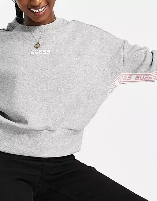 logo taping crew neck sweater in gray heather