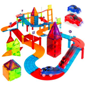 Best Choice Products 105-Piece Kids Magnetic Tile Car Race Track STEM Building Toy Set w/ 2 Cars