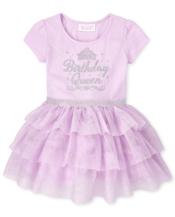 Baby And Toddler Girls Short Sleeve Glitter 'Birthday Queen' Knit To Woven Tutu Dress