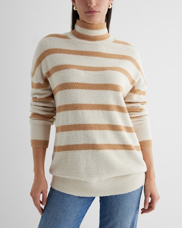 Striped Plush Knit Mock Neck Oversized Sweater