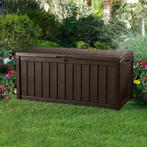 Keter Comfy 71 Gallon Resin Plastic Wood Look All Weather Outdoor Storage Deck Box, Brown