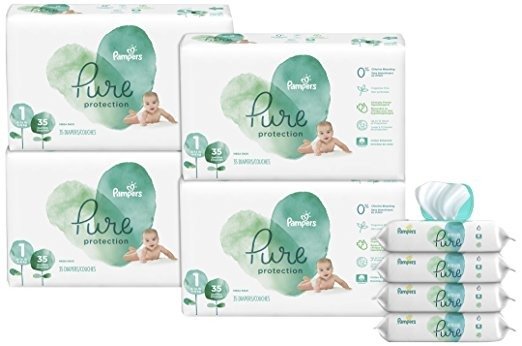 Pure Protection Newborn Disposable Diapers Size 1 (8-14 lb), 140 Ct. WITH Aqua Pure 4X Pop-Top Sensitive Water Baby Wipes, 224 Ct.