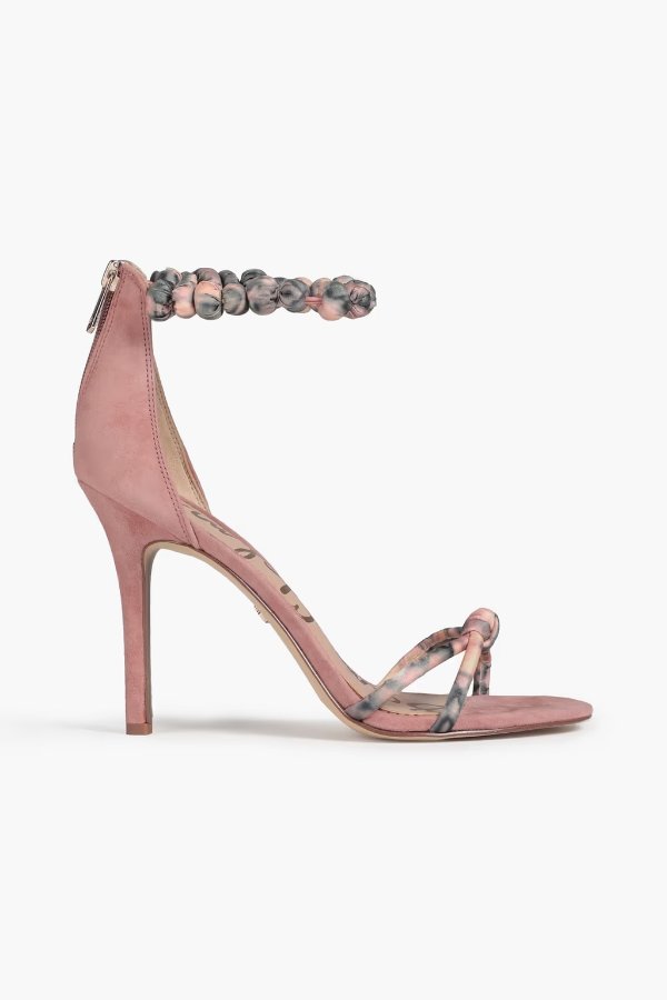 Aria suede-trimmed printed satin sandals
